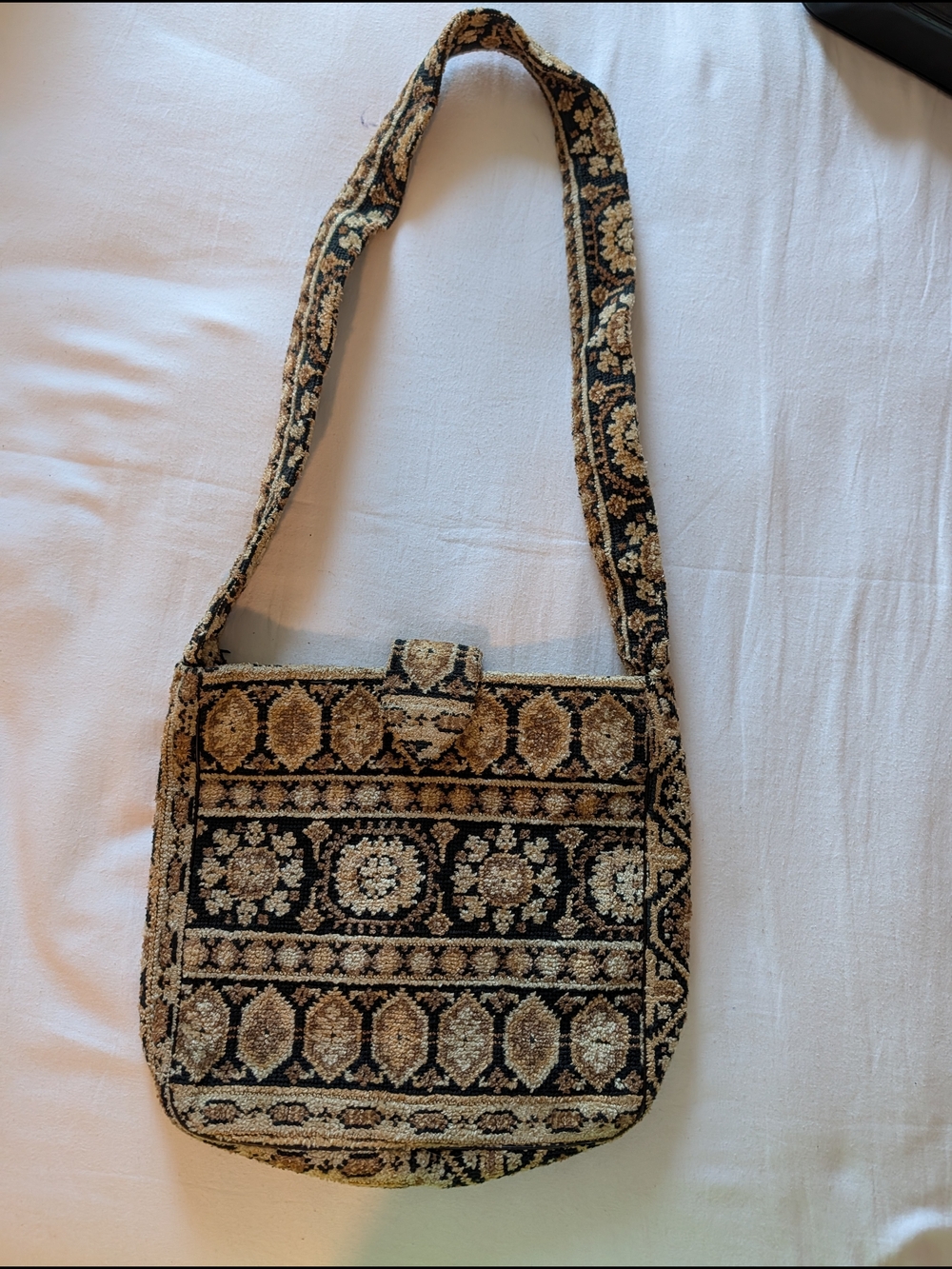 Vintage Tapestry Woven Patterned Shoulder Bag in Black and Tan